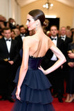 Navy A Line Corset Tiered Strapless Long Formal Dress