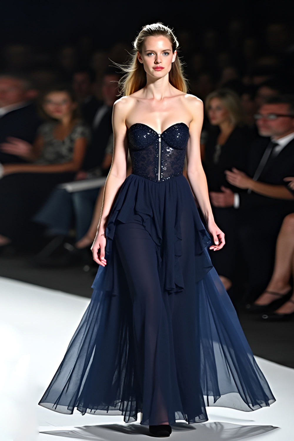 Flowy Navy Sweetheart Corset A Line Long Formal Dress