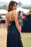 Navy Spaghetti Straps A Line Pleated Satin Long Formal Dress