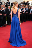 Royal Blue A Line V-Neck Floor Length Formal Dress with Sequins