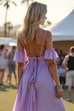 Lilac A Line Spaghetti Straps Pleated Chiffon Formal Dress with Ruffles