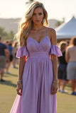 Lilac A Line Spaghetti Straps Pleated Chiffon Formal Dress with Ruffles