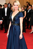 Navy Deep V-Neck A Line Sweep Train Formal Dress