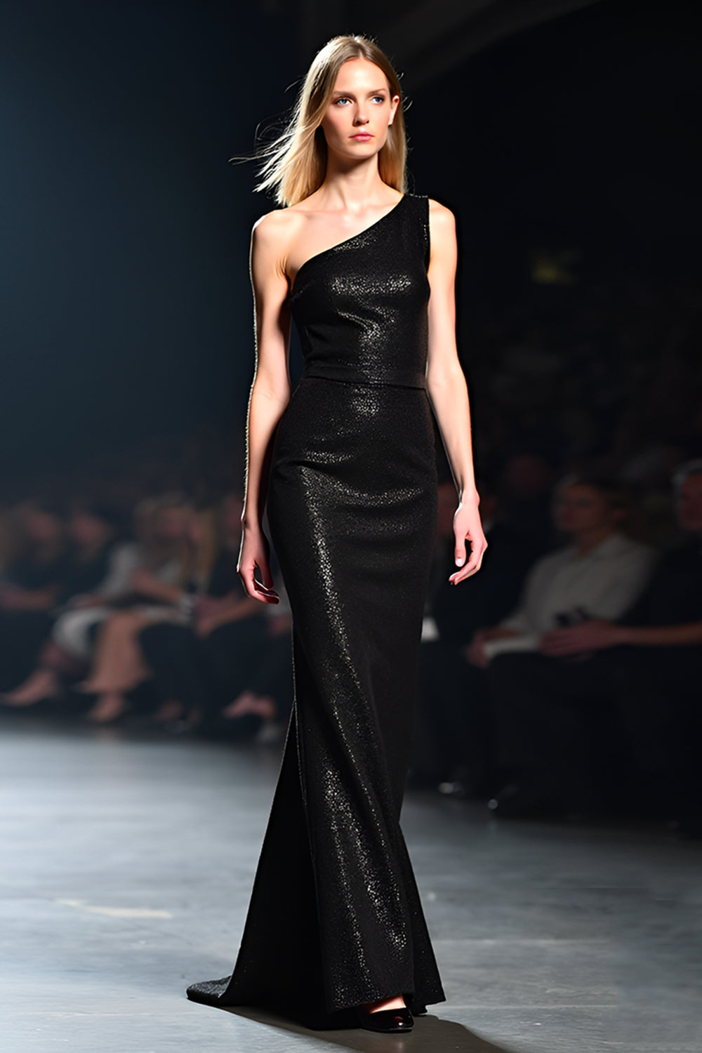 Glitter One Shoulder Black Sheath Floor Length Formal Dress