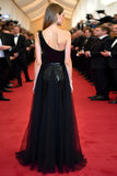 Glitter One Shoulder Black Floor Length Formal Dress with Slit