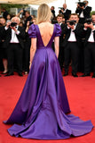 Dark Purple Deep V Neck A Line Floor Length Formal Dress