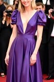 Dark Purple Deep V Neck A Line Floor Length Formal Dress