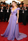 Purple V Neck A Line Empire Waist Sweep Train Formal Dress