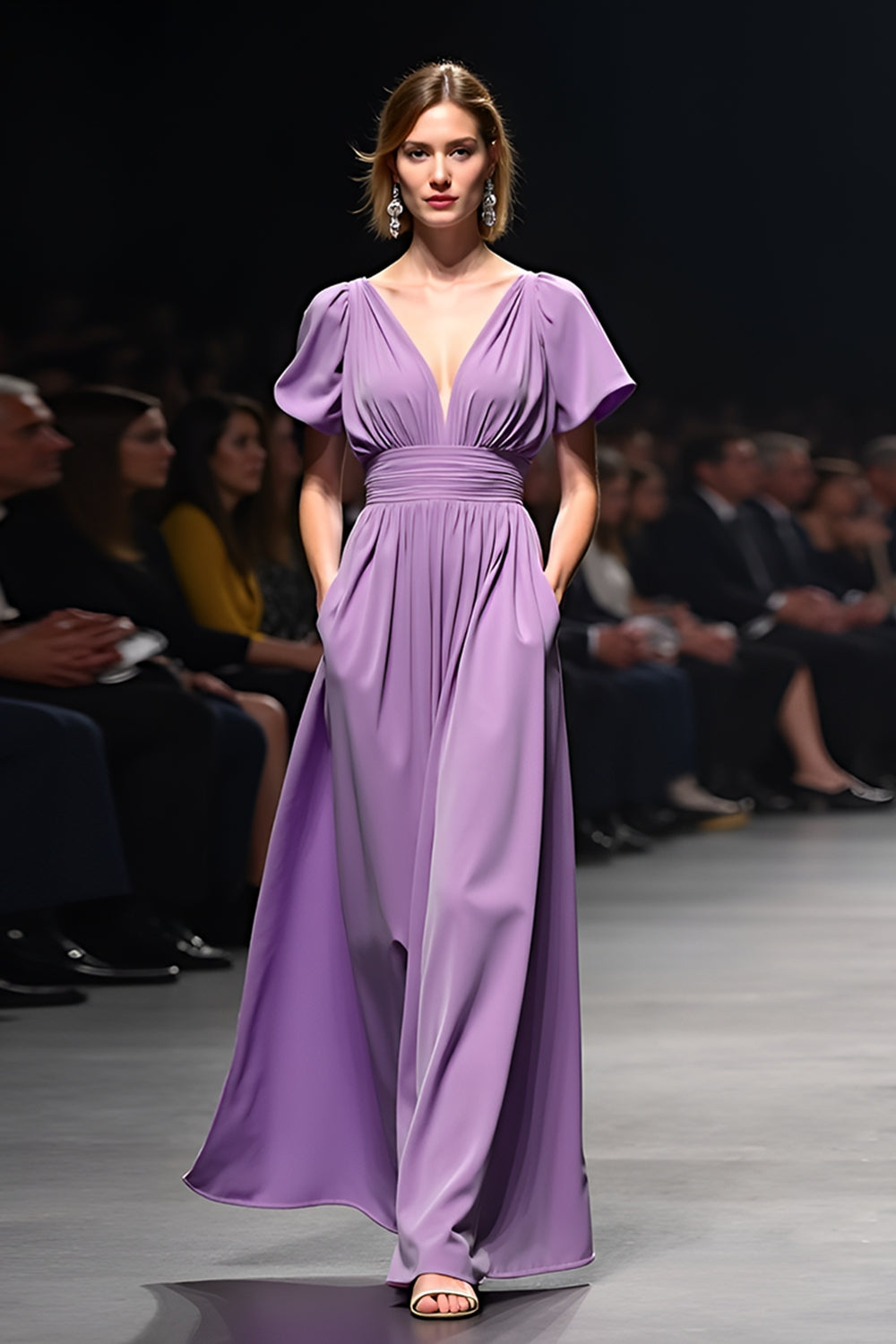 Purple V Neck A-Line Backless Wedding Guest Dress