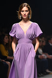 Purple V Neck A-Line Backless Wedding Guest Dress
