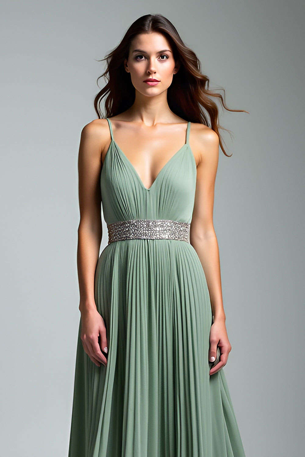 Dusty Sage Spaghetti Straps A Line Pleated Maxi Wedding Guest Dress