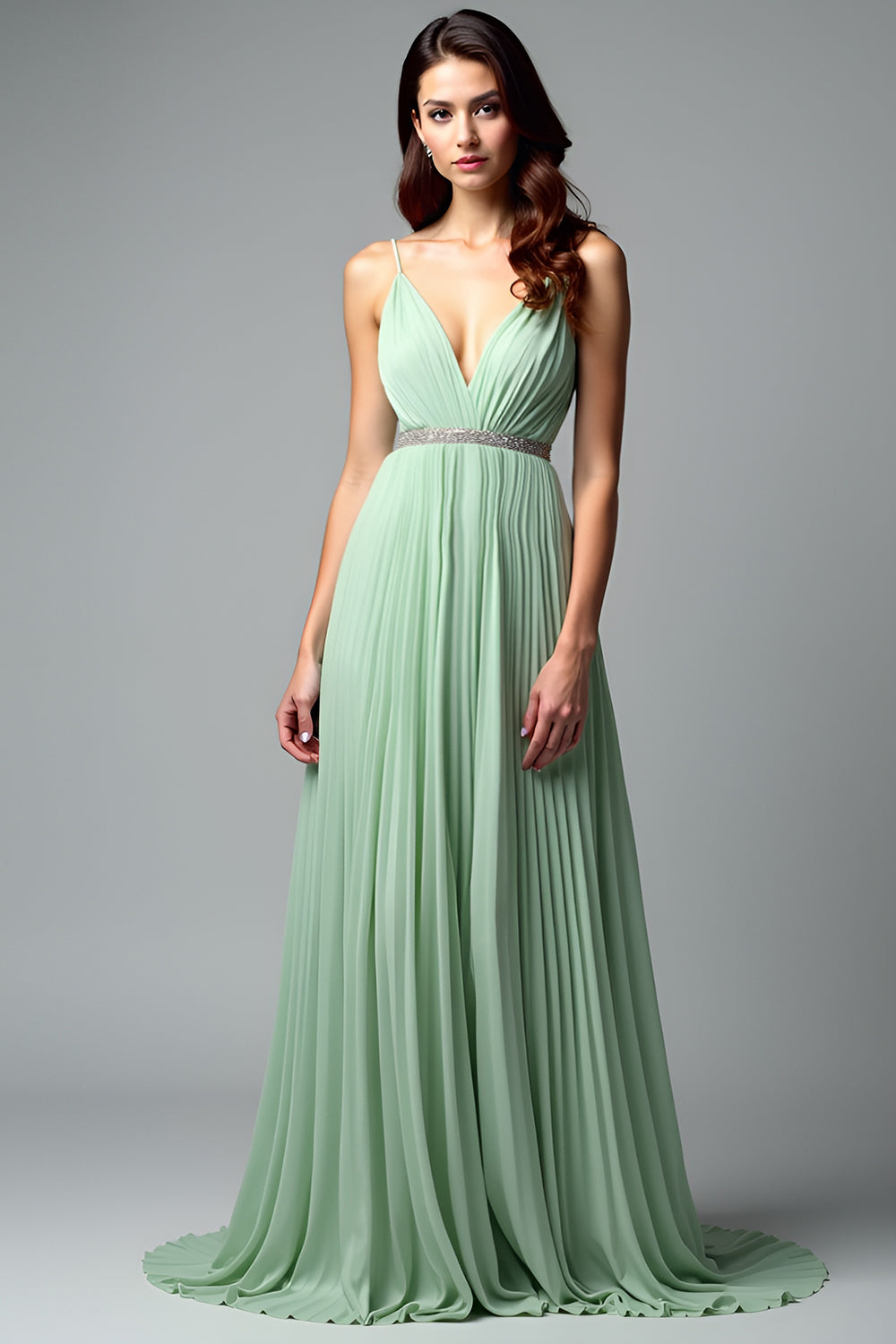 Light Green V Neck Pleated A Line Long Wedding Guest Dress