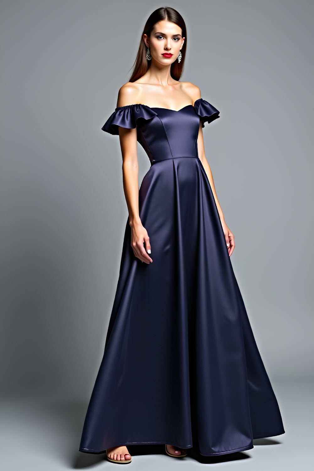 Navy Off the Shoulder A Line Ruffled Long Wedding Guest Dress