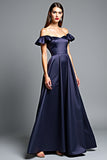 Navy Off the Shoulder A Line Ruffled Long Wedding Guest Dress
