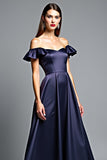 Navy Off the Shoulder A Line Ruffled Long Wedding Guest Dress