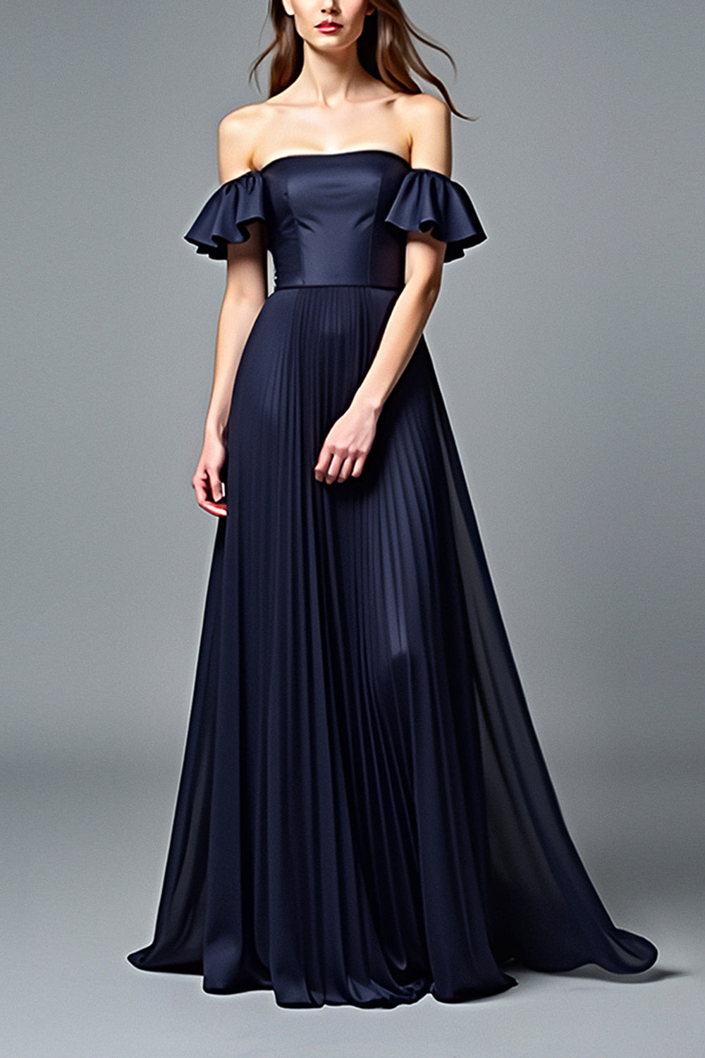 Navy A Line Strapless Pleated Formal Dress with Ruffles