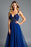 Glitter Royal Blue Spaghetti Straps A Line Pleated Wedding Guest Dress