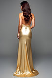 Golden Metallic Halter Sheath Floor Length Wedding Guest Dress with Slit