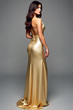 Golden Metallic Halter Sheath Floor Length Wedding Guest Dress with Slit