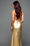 Golden Metallic Halter Sheath Floor Length Wedding Guest Dress with Slit