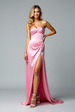 Pink Sweetheart Satin Floor Length Prom Dress with Slit