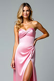 Pink Sweetheart Satin Floor Length Prom Dress with Slit
