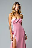 Pink Sweetheart Satin Floor Length Prom Dress with Slit