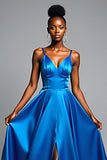Royal Blue V-Neck Long Satin A Line Formal Dress with Slit