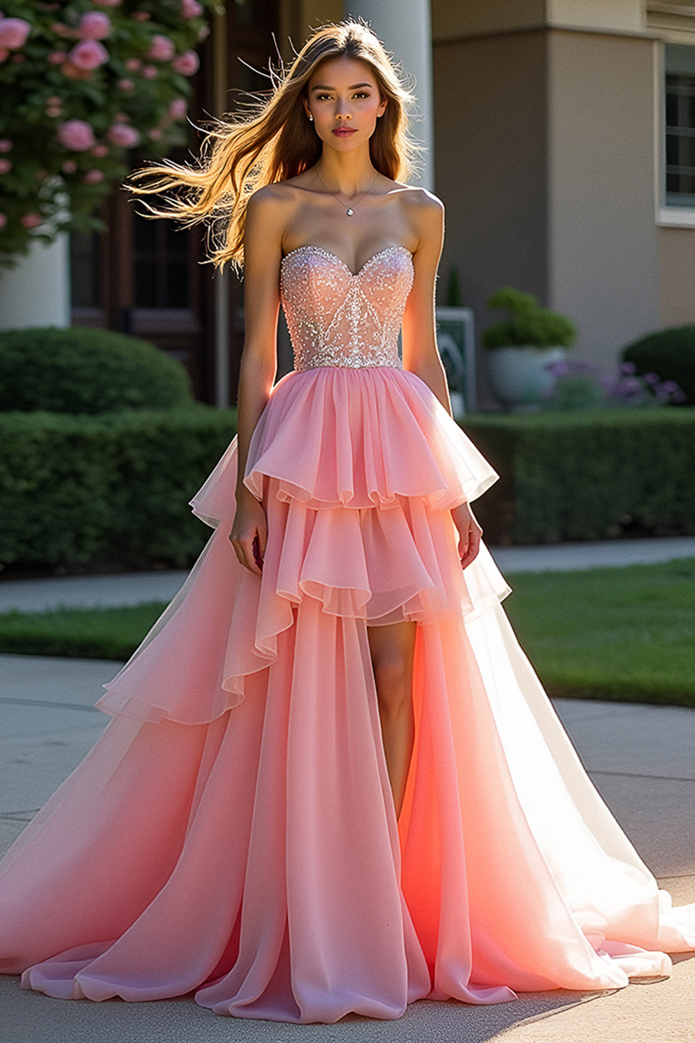 Princess Pink A Line Sweetheart Tiered Long Ruffled Prom Dress with Slit
