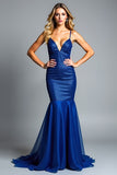 Glitter Mermaid Royal Blue Spaghetti Straps Long Wedding Guest Dress