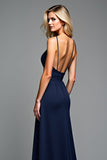 Navy Pleated Backless Long Wedding Guest Dress with Slit