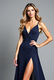 Navy V-Neck A Line Maxi Wedding Guest Dress with Slit