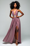 Grey Purple Halter Chiffon A Line Long Wedding Guest Dress with Slit