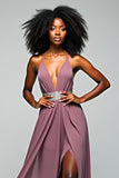 Grey Purple Halter Chiffon A Line Long Wedding Guest Dress with Slit