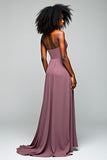 Grey Purple Halter Chiffon A Line Long Wedding Guest Dress with Slit