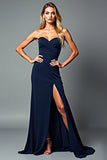 Navy Sweetheart Strapless Long Sheath Formal Dress with Slit