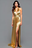 Metallic Golden Halter Sheath Long Wedding Guest Dress with Slit