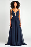 Navy V Neck Pleated A Line Long Wedding Guest Dress