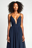 Navy V Neck Pleated A Line Long Wedding Guest Dress