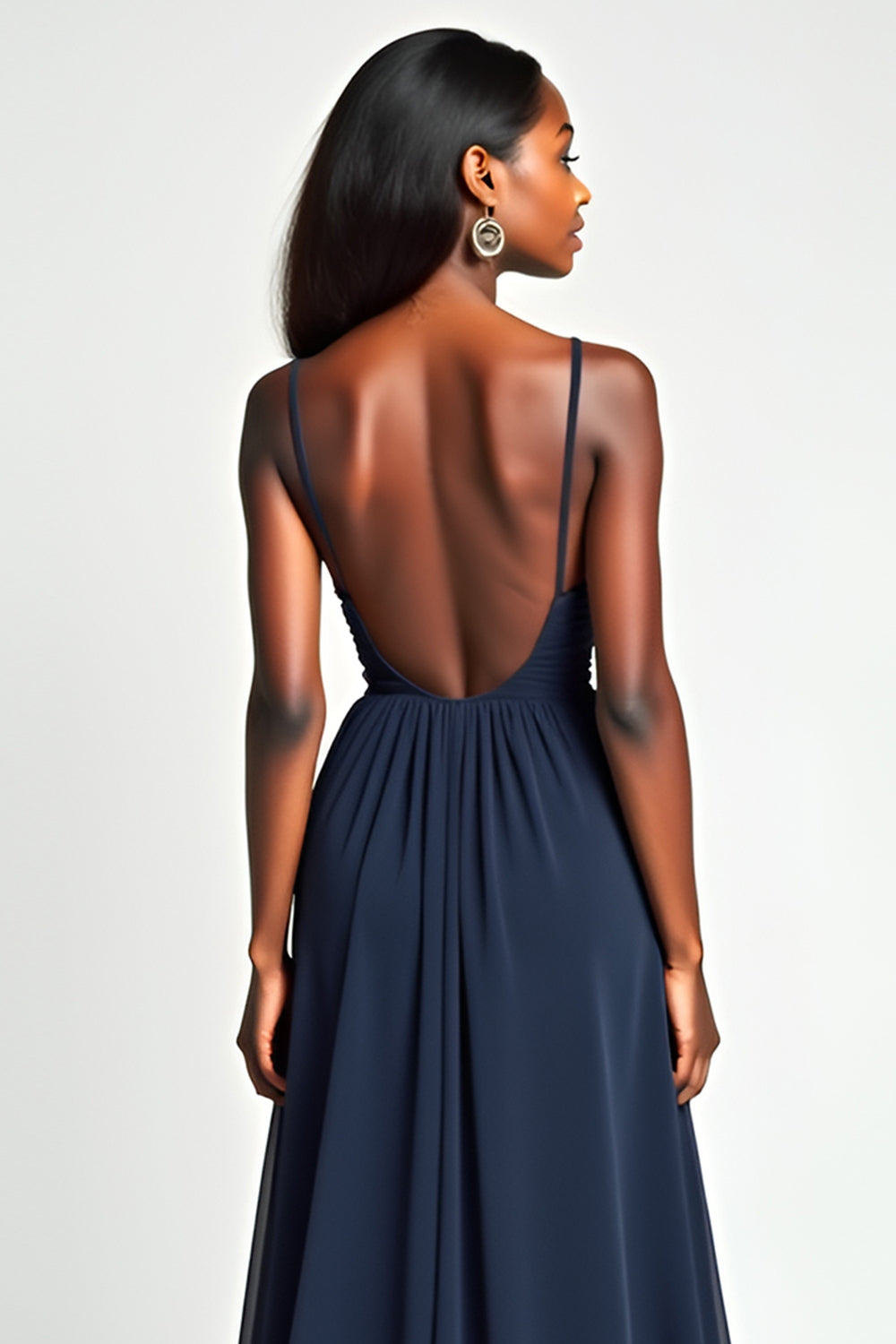 Navy V Neck Pleated A Line Long Wedding Guest Dress