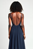 Navy V Neck Pleated A Line Long Wedding Guest Dress