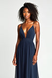 Navy V Neck Pleated A Line Long Wedding Guest Dress