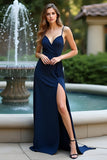Navy Spaghetti Straps Sheath Long Wedding Guest Dress with Slit