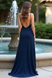 Navy Spaghetti Straps Sheath Long Wedding Guest Dress with Slit