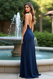 Navy Spaghetti Straps Sheath Long Wedding Guest Dress with Slit