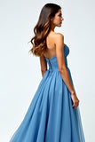 Strapless Sweetheart Grey Blue A Line Maxi Prom Dress with Slit