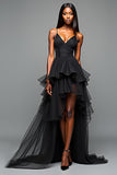 Black A Line Spaghetti Straps Ruffled High Low Graduation Dress