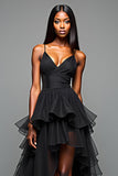 Black A Line Spaghetti Straps Ruffled High Low Graduation Dress