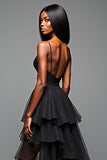 Black A Line Spaghetti Straps Ruffled High Low Graduation Dress