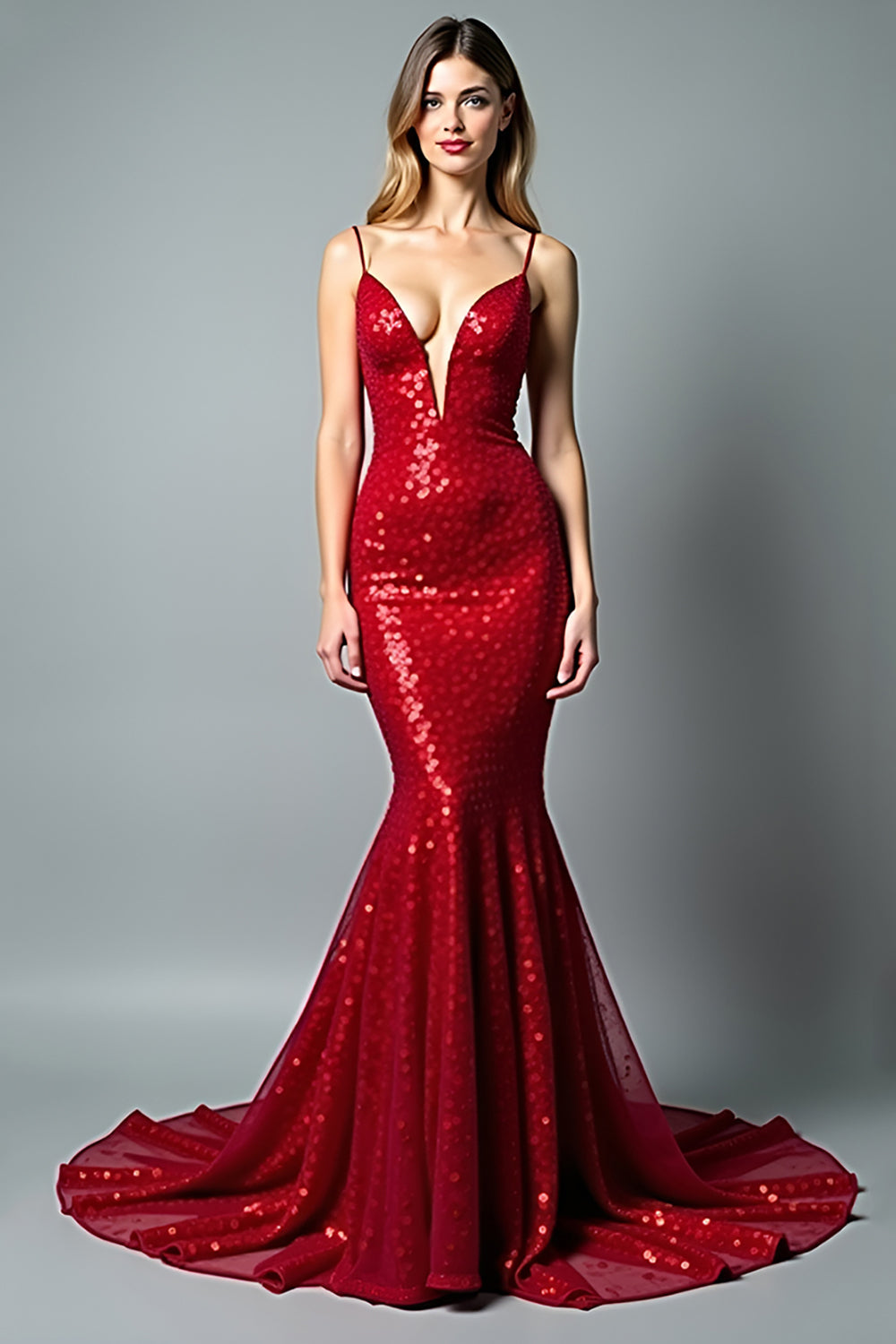 Sparkly Sequined Red Mermaid V Neck Long Prom Dress